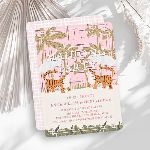 Roaring Tigers Pink Chinoiserie Mahjong Birthday Invitation