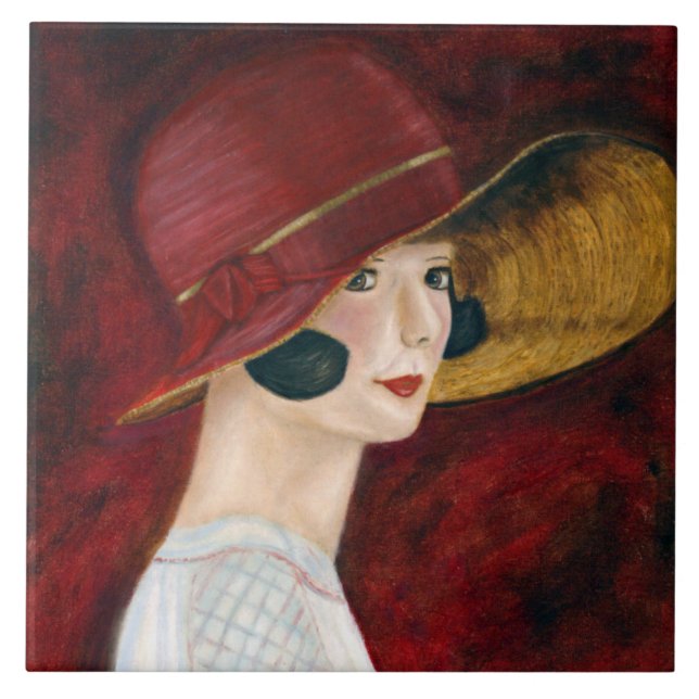 Roaring Twenties 1920s Flapper Girl in Red Hat Tile (Front)