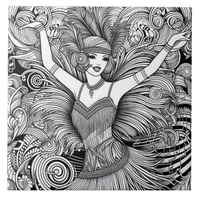 Roaring Twenties Art Deco Retro Glam Black & White Tile (Front)