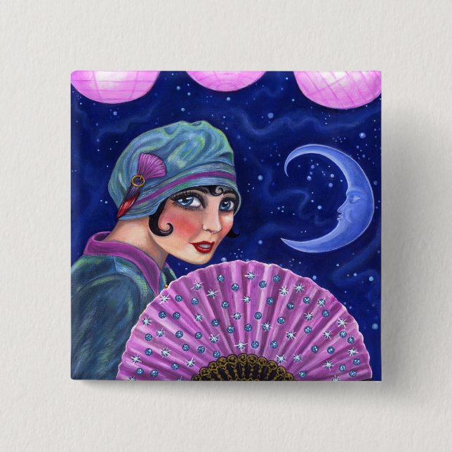 Roaring Twenties Flapper Girl Fan Moon Stars 15 Cm Square Badge (Front)