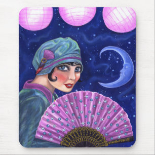 Roaring Twenties Flapper Girl Fan Moon Stars Mouse Mat