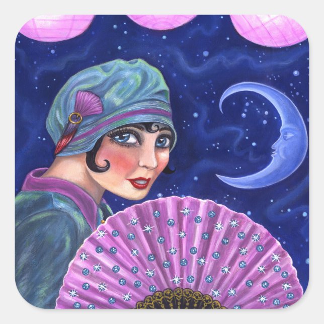 Roaring Twenties Flapper Girl Fan Moon Stars Square Sticker (Front)