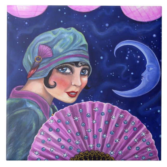 Roaring Twenties Flapper Girl Fan Moon Stars Tile (Front)
