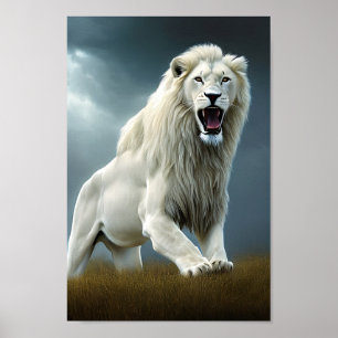 Roaring white lion digital art poster