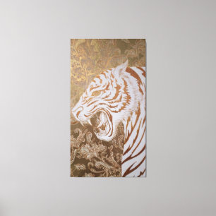Roaring White Tiger Canvas – Ornate Gold Artwork Print