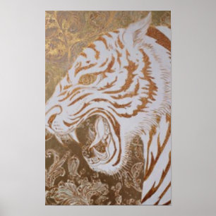 Roaring White Tiger Poster – Ornate Gold Design