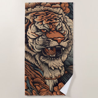 Roaring with Colour Stunning Tiger Tattoo Beach Towel