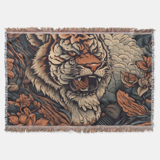 Roaring with Colour Stunning Tiger Tattoo Throw Blanket (Front)
