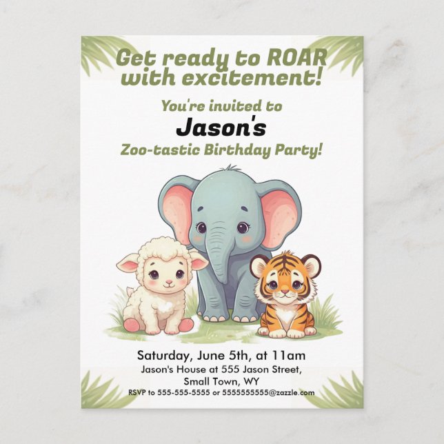 Roaring Zoo Birthday Invitation Postcard (Front)