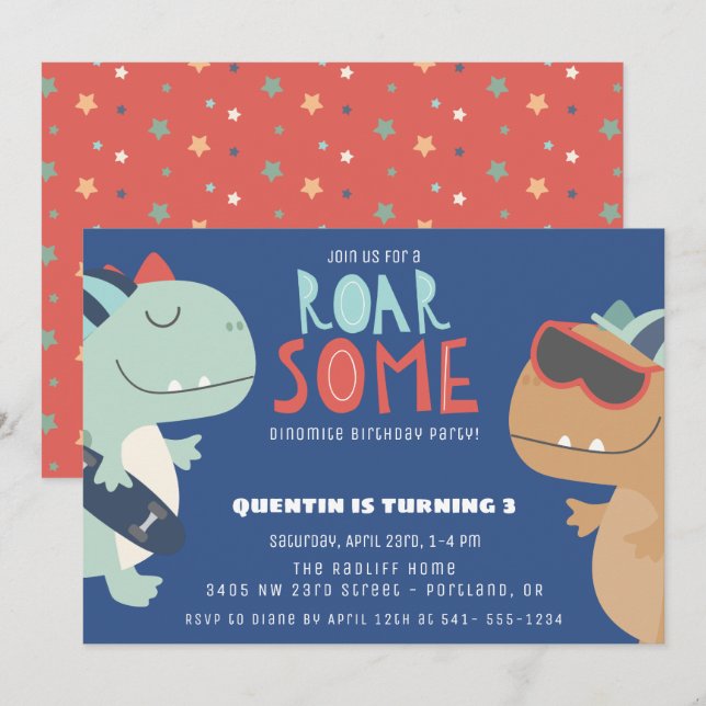 Roarsome Cool Dinosaur Theme Boys Birthday Party Invitation (Front/Back)