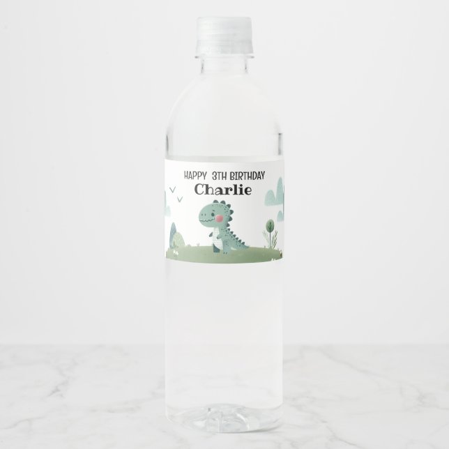 Roarsome Dino Birthday  Water Bottle Label (Front)