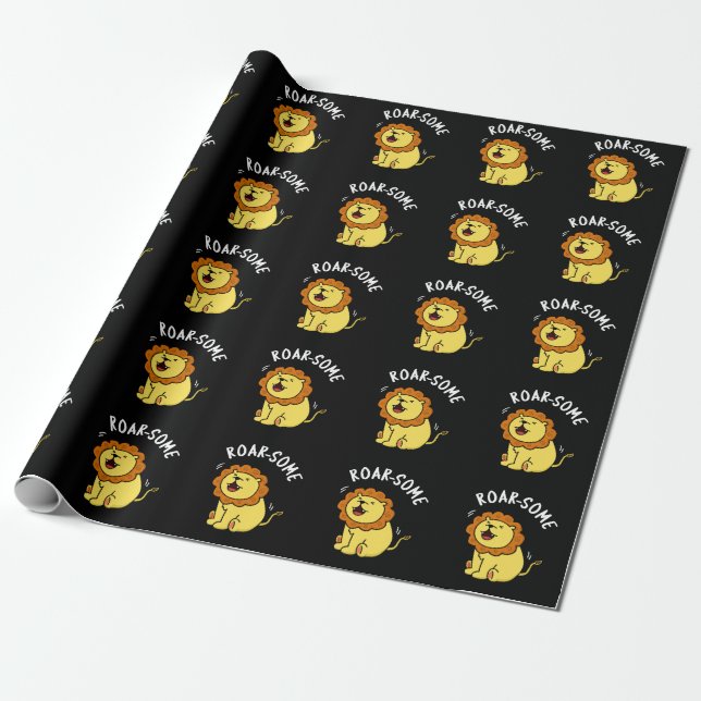 Roarsome Funny Roaring Lion Pun Dark BG Wrapping Paper (Unrolled)