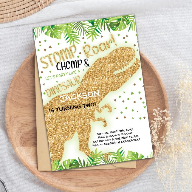 Roarsome Party Card for Kids (Green Gold Glitter Dinosaur Birthday Invitations)