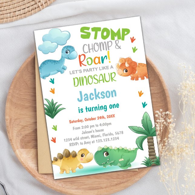 Roarsome Prehistoric Party Card for Kids (Green Gold Glitter Dinosaur Birthday Invitations)