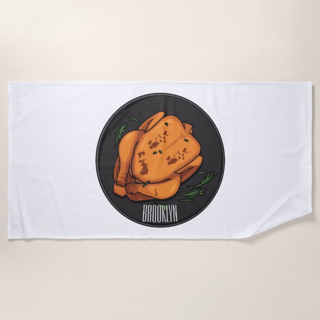 Roast chicken cartoon illustration beach towel (Front)