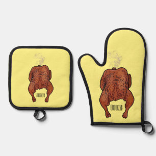 Roast chicken cartoon illustration oven mitt & pot holder set
