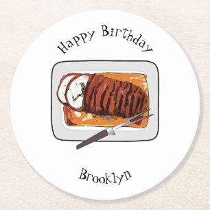 Roast turkey breast cartoon illustration round paper coaster
