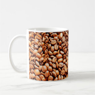 roasted aromatic coffee beans in sunlight, coffee  mug