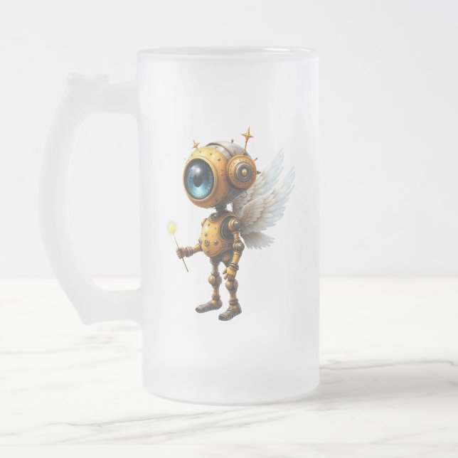 Robby the Winged Timekeeper – Wings of Time Series Frosted Glass Beer Mug (Left)