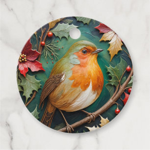 Robin Amidst the Holly and Poinsettia Favour Tags
