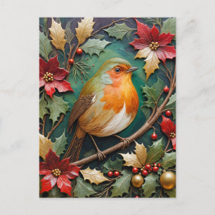 Robin Amidst the Holly and Poinsettia Holiday Postcard