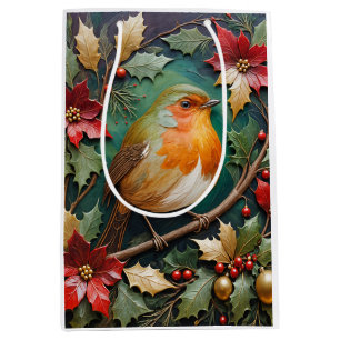 Robin Amidst the Holly and Poinsettia Medium Gift Bag