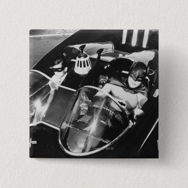 Robin and Batman in Batmobile 15 Cm Square Badge (Front)