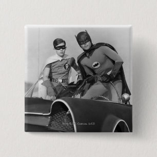 Robin and Batman Standing in Batmobile 15 Cm Square Badge