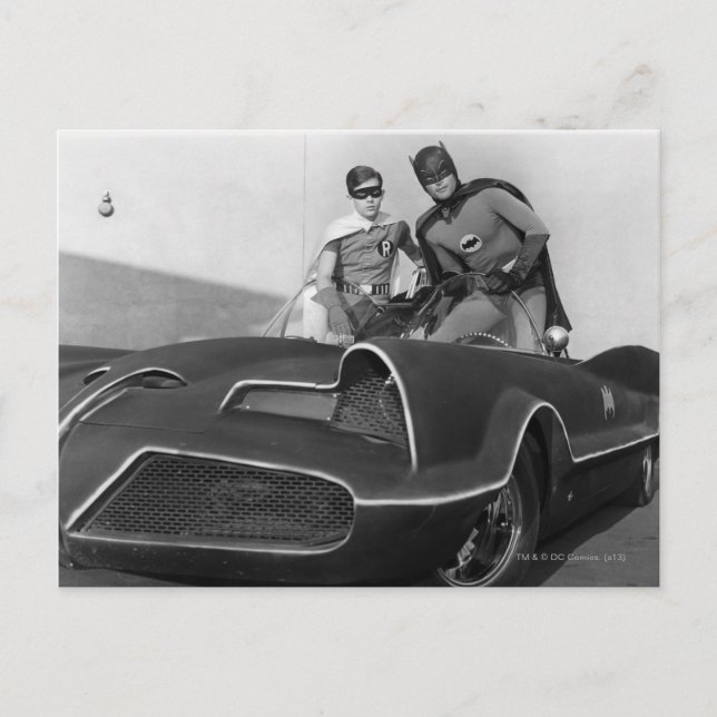Robin and Batman Standing in Batmobile Postcard (Front)