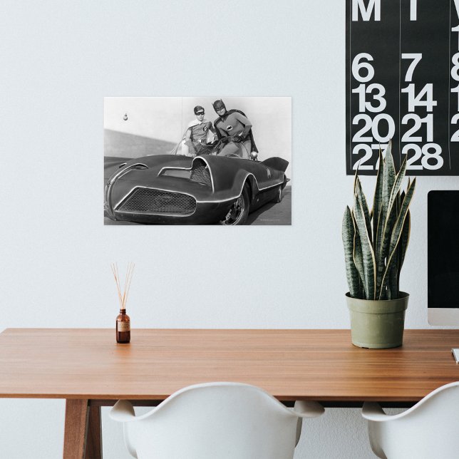 Robin and Batman Standing in Batmobile Poster (Poster on wall)