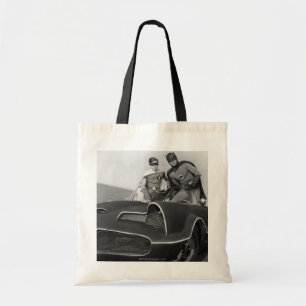Robin and Batman Standing in Batmobile Tote Bag