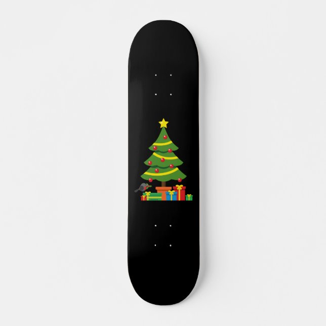 Robin And Colourful Presents Under Christmas Tree Skateboard (Front)