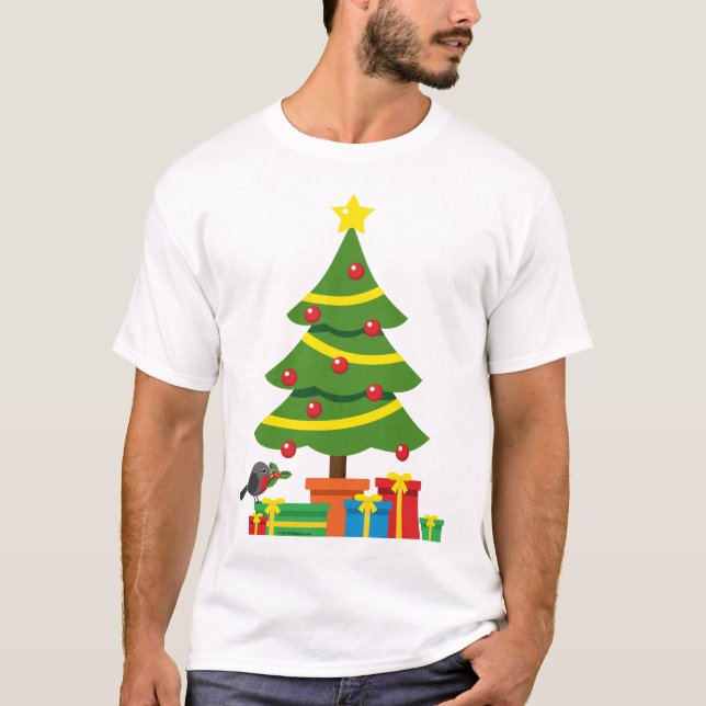 Robin And Colourful Presents Under Christmas Tree T-Shirt (Front)