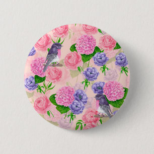 Robin and flowers, watercolor pattern 6 cm round badge