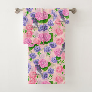 Robin and flowers, watercolor pattern bath towel set