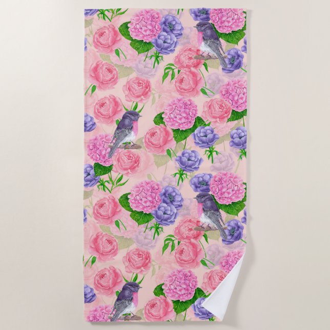 Robin and flowers, watercolor pattern beach towel (Front)