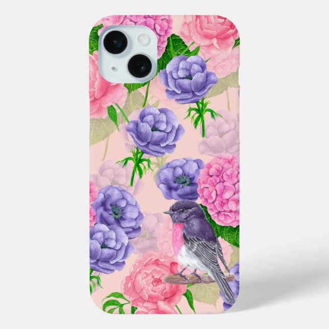 Robin and flowers, watercolor pattern Case-Mate iPhone case (Back)