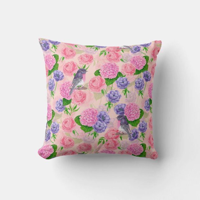Robin and flowers, watercolor pattern cushion (Front)