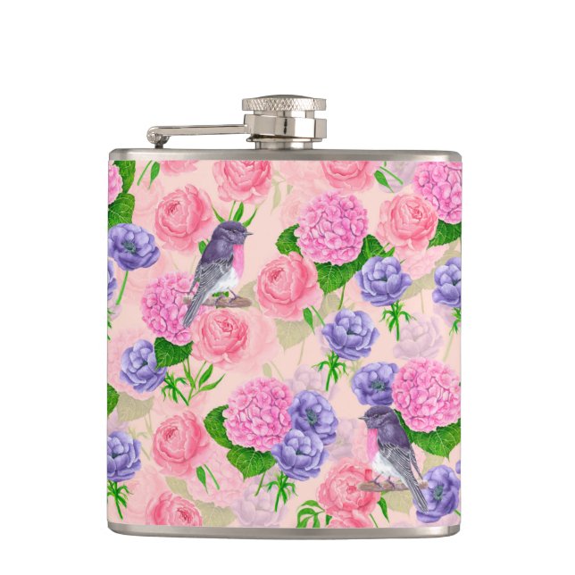 Robin and flowers, watercolor pattern hip flask (Front)