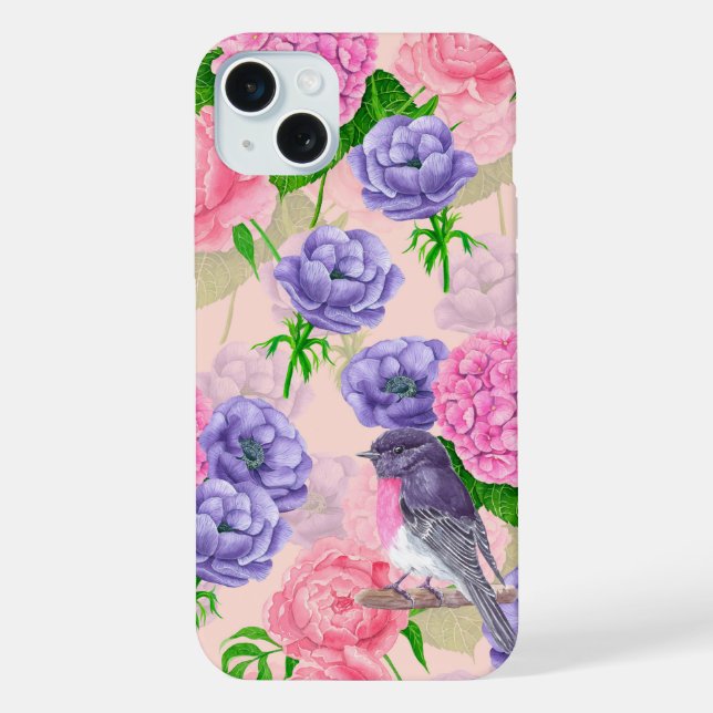 Robin and flowers, watercolor pattern iPhone case (Back)