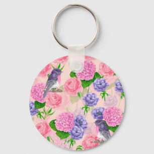 Robin and flowers, watercolor pattern key ring
