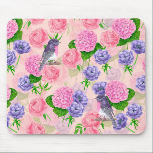 Robin and flowers, watercolor pattern mouse mat