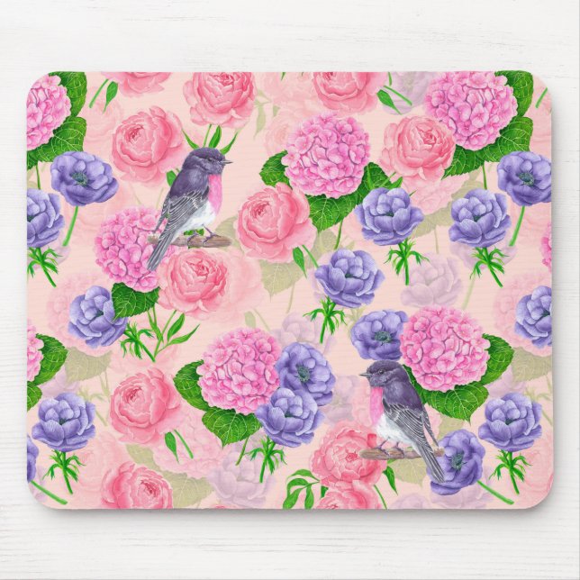 Robin and flowers, watercolor pattern mouse mat (Front)