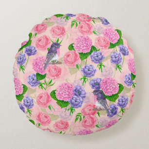 Robin and flowers, watercolor pattern round cushion