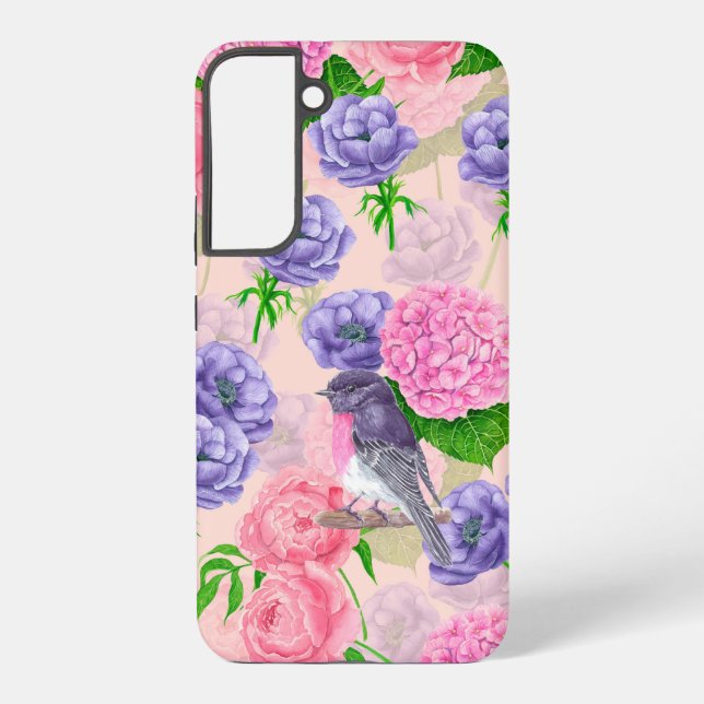 Robin and flowers, watercolor pattern samsung galaxy s22+ case (Back)