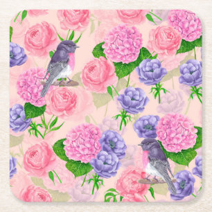 Robin and flowers, watercolor pattern square paper coaster