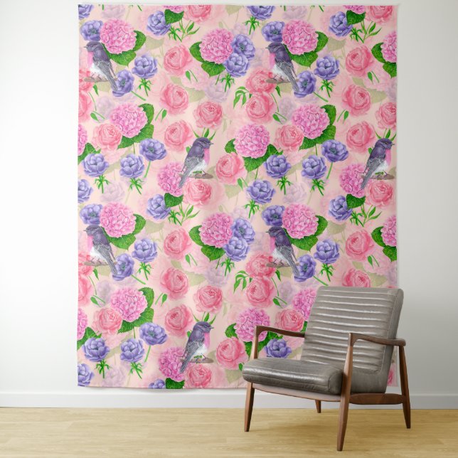 Robin and flowers, watercolor pattern tapestry (In Situ)