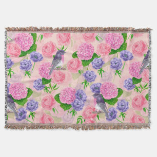 Robin and flowers, watercolor pattern throw blanket