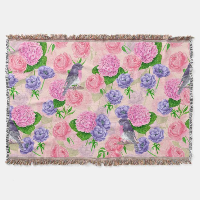 Robin and flowers, watercolor pattern throw blanket (Front)