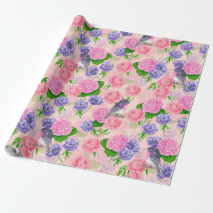 Robin and flowers, watercolor pattern wrapping paper